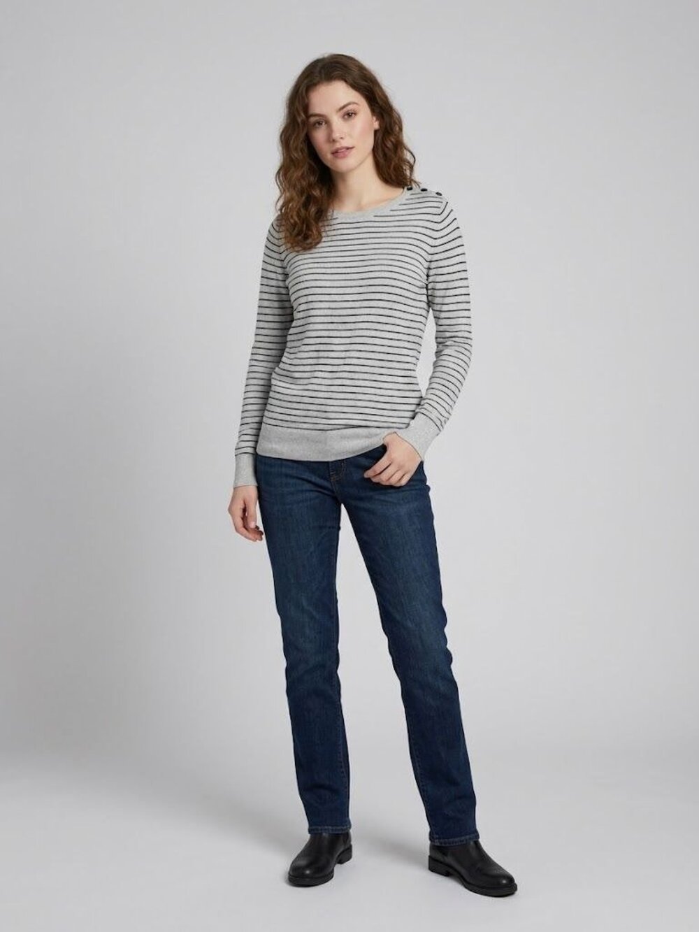 Worthington Womens Sweater L Gray Black Striped Crewneck Long Sleeve Knit Pullov
